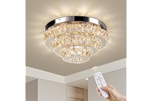 Warmiehomy 42cm Modern Crystal Chandelier,Dimmable LED Ceiling Light with Remote Control,42W,Round Flush Mount 3 Layers K9 Crystal Ceiling Light for Bedroom Living Room Hallway Kitchen