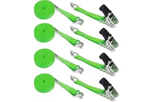 CQWLKEJ Heavy Duty Ratchet Straps with Double Hooks 4 X 800 KG Break Strength - 6M x 25 mm Adjustable Tensioning Belts Secure Motorcycles/Car Roof Rack/Surfboard Kayak/Vans/Motorcycle/Luggage - Green（4 PCS）