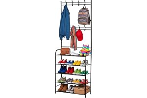 NK Klädhängare med Skohylla för Hallen – 170 × 60 × 26 cm, 8 Krokar, 5 Skonivåer, Järn + PP, Svart, Smal Design, Enkel Monter