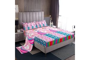 LOUSSIESD Set di lenzuola a forma di unicorno con simpatici cartoni animati per bambini, ragazzi, ragazze, set da letto rosa colorato e sognante, 4 pezzi per letto matrimoniale