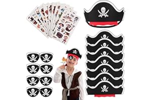 SWIECEDON Piraten Kindergeburtstag Set 8 pcs Piratenhut Kinder 8 pcs Augenklappe Pirat Filz Augenmaske 10 pcs Piraten Tattoos Schädel Piraten Hut Accessoires für Geburtstag Halloween Maskerade Piratenparty