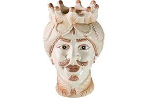 MONTEMAGGI Testa di Moro in Ceramica in Stile Siciliano Dipinto a Mano, Vaso Monocromatico per piante da Interno, Soprammobile di design, Stile Italiano, Re Volto Panna Grande, 13x12x19,5 cm
