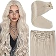 VeSunny Platinum Blonde Human Hair Clip in Extensions 16inch #60 Platinum Blonde Double Weft Clip in Hair Extensions Full Head Real Human Hair 7pcs 120g/set