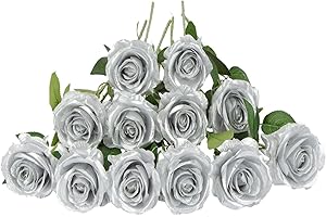 LAELFE 12 Pièces Fleurs de Roses Artificielles, Longues Tiges Fausse Roses en Soie pour Bouquet de Mariée Douche Nuptiale Décorations de Jardin à la Maison (Argent)