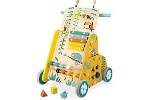 Janod - Carrello Multiattività Tropik - Primi Passi in Legno - Giocattolo Educativo 6 Attività - Ruote Silenziose e Bloccabili - Certificato FSC - Vernice ad Acqua - Da 1 Anno, J08269