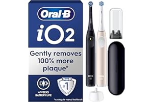 Oral-B iO2 Duo Electric Toothbrushes, 2 Gentle Care Toothbrush Heads, 1 Travel Case, 1 Travel Refill Holder, Oral B Toothbrush Adults (Night Black and Calm Pink), Designed by Braun, 2 Pin Plug