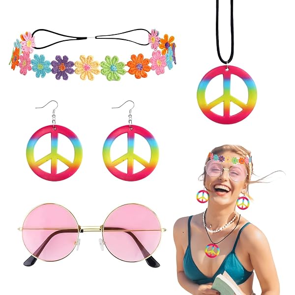 Hippie-Kostüm-Set Für Damen - 3-teilig Mit Peace-Kette, Armband & Ohrringen Im 60er/70er Flower-Power Stil