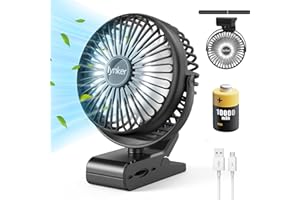 lynker Mini USB Clip Ventilator 10000 mAh, 12-40h, 3-IN-1 Clip Fan Tischventilator mit LED-Licht, Leise Camping Ventilator, 360° Drehung, 3 Geschwindigkeiten für Büro, Ausflüge