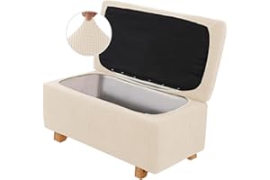 LINGKY 2 Piece Stretch Ottoman Cover Folding Storage Stool Cover Rectangle Foot Rest Slipcover with Elastic Bottom, Checks Spandex Jacquard Fabric (Natural,Large)