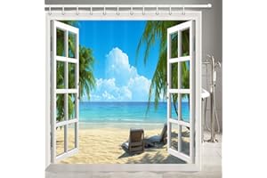JOOCAR Design Shower Curtain, Palm Tree Decor Ocean Beach Seascape Through White Wooden Windows Summer Scene Tropical Island Blue Green, Waterproof Cloth Fabric Bathroom Decor Set with Hooks
