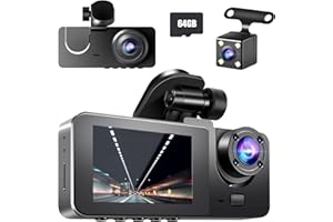 ADSAQOP 1080P Dashcam Voiture Avant Arrière, 170° Grand Angle 3 Canaux avec SD 64 G, Caméras Avant et Arrière avec Vision Nocturne et Fonction Étanche, 24H Enregistrement en Boucle, G-Sensor