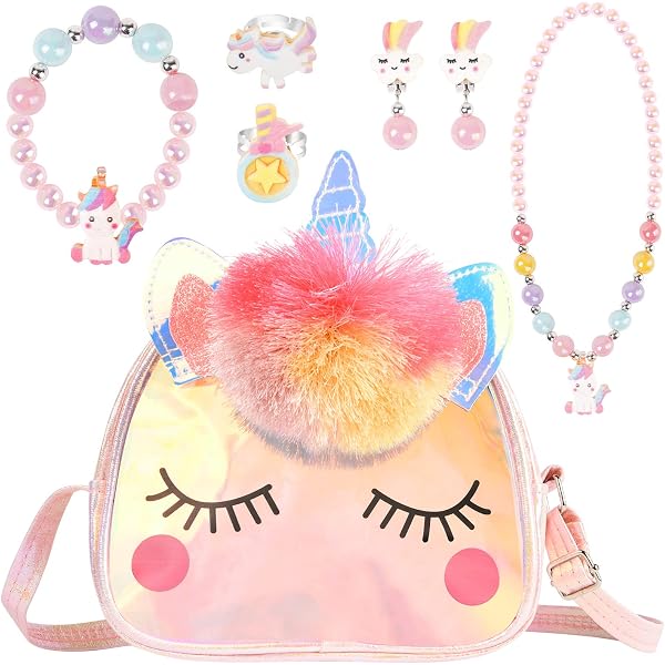 Set Gioielli Unicorno Per Bambine - Collana, Bracciale, Anello, Borsa Peluche, Regalo Compleanno Festa