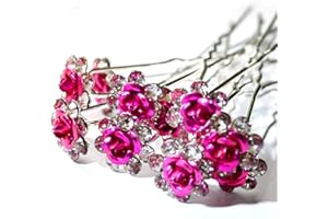 5starwarehouse® 10x Bridal Wedding Prom Silver Crystal Diamante Rose Flower Hair Pins Clips Grips (Hot Pink)