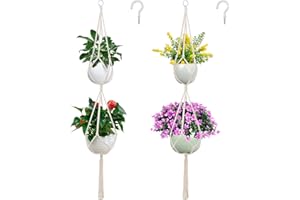 SNAIL GARDEN 2-stufiger Makramee-Pflanzenaufhänger, 2er-Pack Doppel-Pflanzenaufhänger mit Quaste Hängender Pflanzkorb Handgefertigte Baumwollseil-Hängepflanzgefäße Set mit 2-teiligen Haken