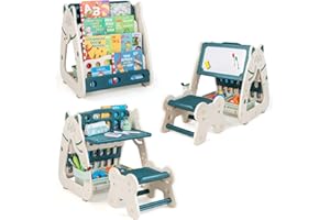 COSTWAY 3 en 1 Chevalet Enfant Magnétique avec Tabouret Réglable en Hauteur, Bibliothèque Enfant avec Tableau Effaçable à Sec & 2 Boîtes, Bureau Enfant en Forme de Chat, 56 x 54 x 71 cm, 1-5 Ans