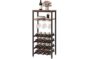 IBUYKE Wine Racks Freestanding Floor,Liquor Bottle Holder,16 Bottles Wine Cabinet with Glass Holder,Wine Holder Display,Mini Wine Bar Table for Living Room,Kitchen Pantry,Dining Room,Brown TMJ907H