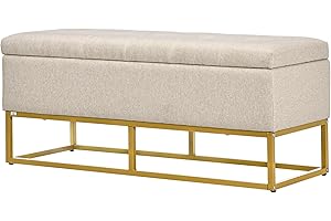 HOMCOM Baúl de Almacenaje para Dormitorio Puff de Almacenaje Tapizado de Lino Sintético con Tapa Abatible y Patas de Acero para Salón 110x44x48 cm Beige