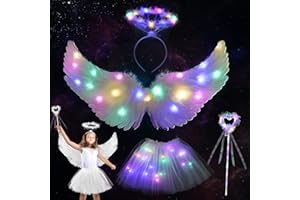Editbar Leuchtend Feenkostüm Mädchen,Leuchtende Feenflügel,Kostüm Kinder Schmetterling Mit Zauberstab, Stirnband, LED-Tutu,Geeignet Für Weihnachten, Geburtstag, Karneval, Party, Cosplay