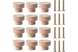 Jinsion Wooden Furniture Knobs, Pack of 12 Wooden Drawer Handles with Screws, 35 x 25 mm Round Natural Wooden Knob for Cabinet, Dresser, Living Room, Drawers, Cupboard, Kitchen, Dressing Table