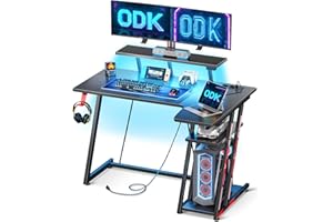 ODK Stolik gamingowy z oświetleniem LED i gniazdkami, 100 cm, biurko gamingowe w kształcie litery L z półką, biurko narożne ze stojakiem na monitor, stolik pod komputer, z włókna węglowego, czarny