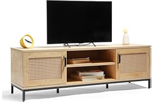 SPINNINGFIELD VonHaus Rattan TV Unit - Light Wood Effect TV Stand Cabinet - For TV's up to 60" - Industrial Scandi Style Entertainment Unit with 2 Storage Cupboards & Open Shelves - For Living Room - Lena