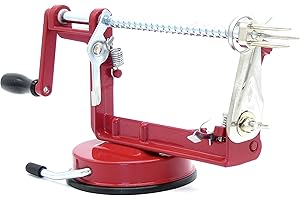 ICO Eplucheur de Pomme et Machine à Évider, Pele Pomme en Aluminium avec Base à Ventouse Sécurisée et 3 Fonctions Éplucher, Évider et Trancher, Rouge