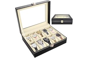 PRIME ESSENTIALS® Organizador - Caja de Relojes Transparente con 10 Compartimentos I Cierre Metálico I Cuero Sintético y Forrado en Negro I Ideal para Regalos I Joyero para Hombres.