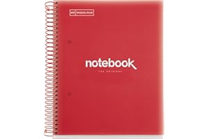 Miquelrius - Taccuino A5 Emozioni, 120 Fogli 90 g/m², Griglia 5 X 5 mm, 5 Strisce Colorate, Spirale Microperforata, Copertina Polipropilene, 2 Fori, Colore Rosso