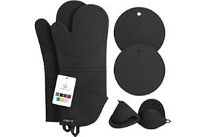 Rorecay Ofenhandschuhe & Topflappen Set - Extra Lange Küchenhandschuhe aus Silikon mit Mini-Schnapphandschuhen und Topflappen für die Küche zum Backen, Kochen oder Grillen 6er-Pack, Schwarz