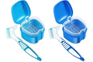 WAAYANG 4 Pcs Professional Denture Kit False Teeth Denture Case Cup Base Holder Box Container Soaking Denture Bath with Strainer Basket & Denture Brush for Travel Cleaning Overnight Soaking Sort Blue Green