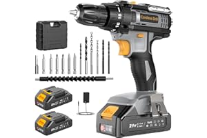 Bamse Cordless Drill 21V, Electric Drill with 2 Batteries 2.0Ah, Combi Set 42N.m Torque, 18+1 Torque, 2 Speeds, 14PCS Drill Set, LED Light for Garden DIY,Grey
