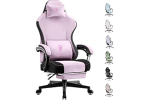 Dowinx Gaming Chair With Footrest for Adults - Ergonomic High Back Fabric Chair With Pocket Spring Cushion and Massage Lumbar Support - Pink Office and Video Game Seating