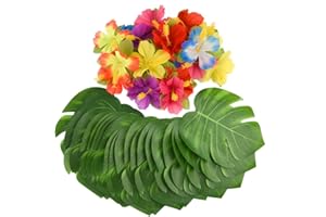 ‎KUUQA Kuuqa 60pcs Tropical Party Decorations, 8"Tropical Palm Monstera Leaves and Hibiscus Flowers, Simulation Leaf for a Hawaiian Luau Party, Jungle Beach Theme Table Decoration