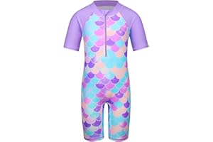 HUAANIUE Mädchen Badeanzug 2-12 Jahre, Einteiler mit UV-Schutz UPF50+, Kurzarm, Front-Reißverschluss, Bunte Druckmuster ideal für Schwimmen & Strand