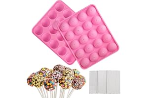 Velicber Moule Pop Cake, Moules à Lollipop Bonbon, 20 Cavités Moule à Bâtons Pops en Silicone, avec 100 Bâtonnets de Sucette pour Sucette Chocolat Gâteau Outils de Cuisson Bricolage, Rose