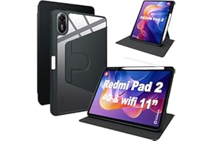 Lemxiee Case pour Xiaomi Redmi Pad 2 11" Coque avec Emplacement pour Stylo & Support Rotatif,Cuir PU + Acrylique Transparent