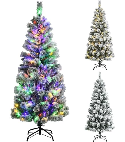 GYMAX 5FT/6FT Pre-Lit Hinged Christmas Tree, Slim Pencil Artificial Xmas Tree With LED Lights, Verdant Branches Tips, Holiday Party Decorations Tree For Home, Mall & Store (6ft, White Green
