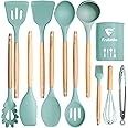 Fruitalite Silicone Kitchen Utensils Spoon Spatula Cooking 12 Pcs Set | Non-Stick with Wooden Handle- BPA Free, Heat Resistant Item, Flexible Non Toxic Silicon Cookware Tools with Holder- Mint Green