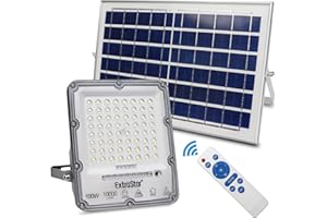 EXTRASTAR Foco Proyector LED Solar 100W con Mando a Distancia, Luz Blanca Fría 6500K, 10000Lm, Resistente al Agua IP67, para Exterior, Jardín, Patio, 1Pc