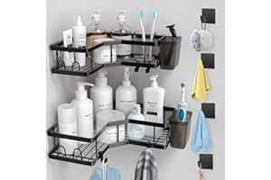 NATNAV Etagère de Douche d'angle sans Perçage, 2 PCS Etagere Douche Sans Percage avec 4 Pièces Crochet Adhésif,Porte Shampoing Gel Douche Angle Antirouille Etagère de Rangement Noir