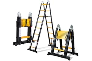 Fiqops Escalera telescópica 5 m (2,5 m + 2,5 m) Plegable de Aluminio, con Ruedas Dobles extraíbles, Carga máxima de 150 kg, Color Negro y Amarillo