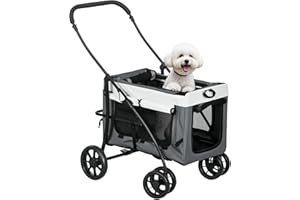 PawHut Carrito para Perros 2 en 1 Cochecito para Perros Pequeños Plegable Cochecito para Mascotas con Vagón Desmontable 4 Puertas con Cremallera 2 Correas de Seguridad y Cojín Gris