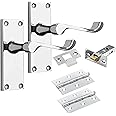 IRONZONE® 6 Sets of Premium Quality Victorian Scroll Lever Latch Door Handles Polished Chrome Hinges & Latch Pack Backplate Door Handles, Contemporary Design for Internal Wooden or Oak Doors