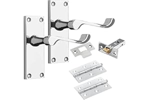 A Set (Pair) of Premium Quality Victorian Scroll Lever Latch Door Handles Polished Chrome Hinges & Latch Pack Backplate Door Handles, Contemporary Design for Internal Wooden or Oak Doors IRONZONE™