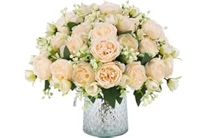 JUSTOYOU Lot de 4 bouquets de pivoines artificielles avec 20 têtes de fleurs en soie pour mariage, maison, table, fête, décoration de fenêtre (champagne)