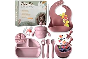 FlexiTot | Set prima pappa svezzamento – Cucchiaio silicone, bicchiere, contenitore frutta, piatto con ventosa, babero impermeabile, ciotola antiscivolo, accessori BLW | 6+ mesi | Rosa |Senza BPA