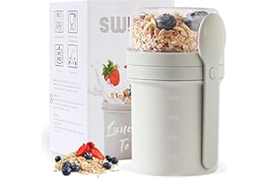 Swkien MüSlibecher to Go, Yoghurt Cup to Go 450 ml + 250 ml, Yoghurt to Go Cup with Spoon, Cereal Cup to Go for Cereal and Yogurt, Leak-Proof Cereal Cup to Go, Lunch Pot (Light Grey)