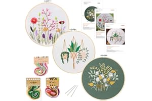 O'woda Fils à Broder Kit, Broderie Débutant Outil, Comprenant 1 Cerceaux 3 Tissu Brodé 27 Fil a Coudre 9 Aiguilles,Coton Disponible, Pré-dessinée à Broder(Pissenlit,Lierre,Marguerite)