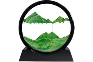 Yuomiker Pittura di Sabbia Che scorre Deco- Pittura di Vetro Rotonda a Clessidra 3D, Cornice di Flow Sabbia Immagine in Movimento, Paesaggio Dinamica Art Decorazione Regalo per Casa Ufficio(Verde,7")