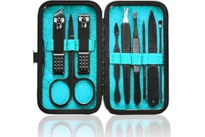 HANTEKAS Manicure Set 9 in 1 Stainless Steel, Nail Clippers Scissors Pedicure Tools Kit - Portable Travel Grooming Kit for Men and Women with Black/Blue Leather Case (Blue)